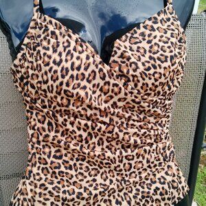 Aqua Green Women's One Piece Shirred V-Neck Swimsuit Animal Print SIZE SMALL
